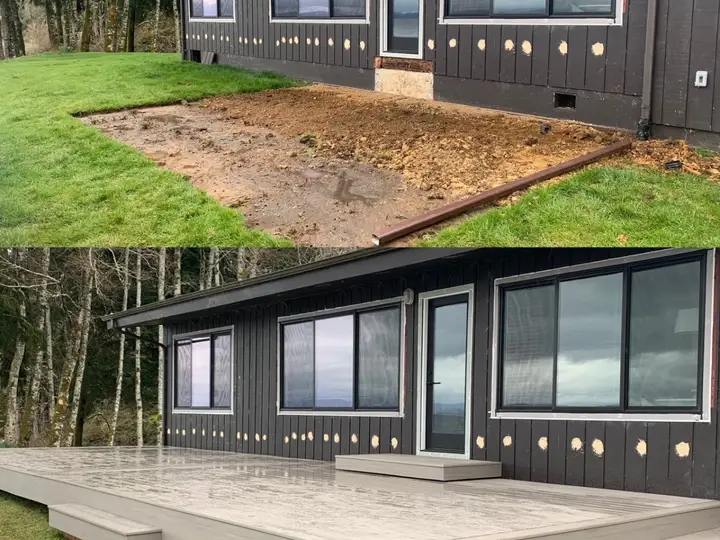 Before and after: a bare yard, then a new low-profile deck along a dark-sided house