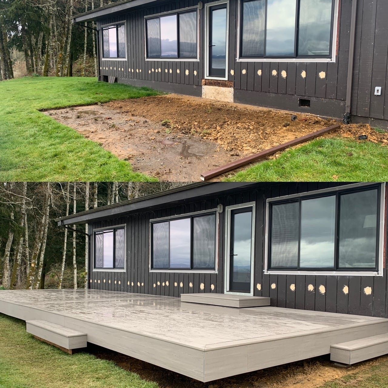 Before and after: a bare yard, then a new low-profile deck along a dark-sided house