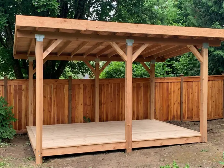 Cedar pavilion over a deck platform beside a cedar fence
