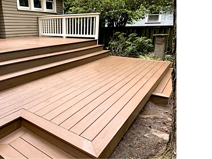 Composite deck with a picture-frame border and three full-width steps