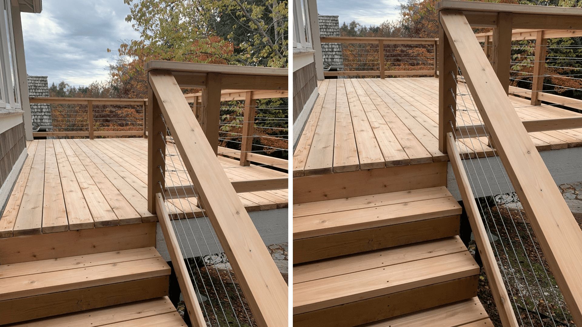 Cedar stairs and stainless-steel cable railing on the finished deck